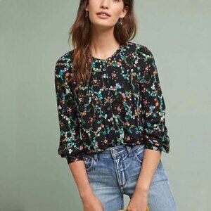 Maeve by Anthropologie Avignon button down black floral blouse